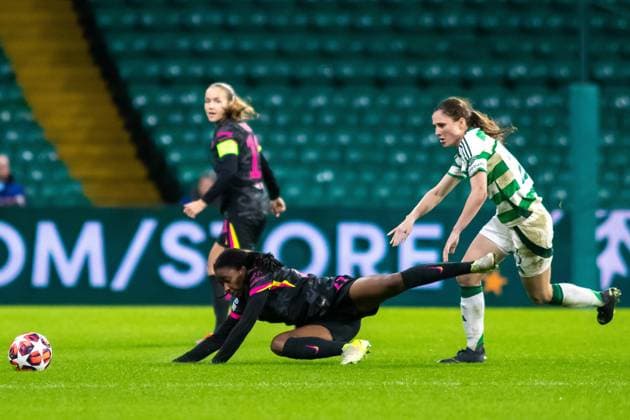 Celtic Women v Chelsea Women UEFA Womens Champions League 13 11 2024. Emma Lawton of Celtic sends Ooriane Jean-François of Chelsea sprawling during the UEFA Womens Champions League match between Celtic FC and Chelsea FC, Celtic Park, Glasgow, Scotland. 13 11 2024. Editorial use only , Copyright: xColinxPoultneyx PSI-20821-0040