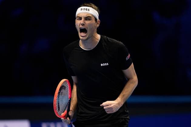 United States Taylor Fritz react during the singles tennis match of the ATP, Tennis Herren World Tour Finals against Australia s Alex de Minaur at the Inalpi Arena in Turin, Italy - - Thursday, November 14, 2024.  Copyright: xMarcoxAlpozzi LaPressex