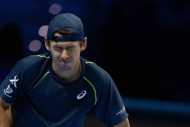 Australia s Alex de Minaur react during the singles tennis match of the ATP, Tennis Herren World Tour Finals against United States Taylor Fritz at the Inalpi Arena in Turin, Italy - - Thursday, November 14, 2024.  Copyright: xMarcoxAlpozzi LaPressex