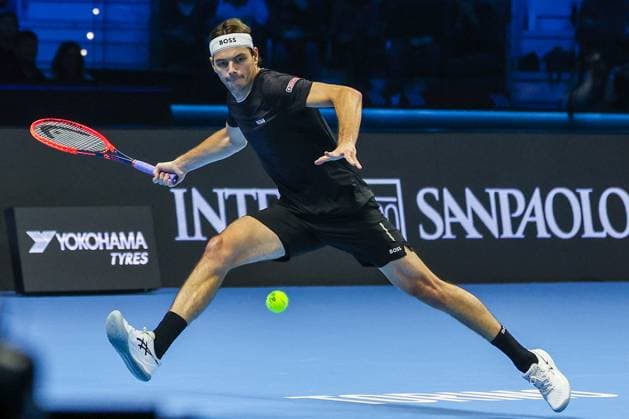 Taylor Fritz of United States vs Alex De Minaur of Australia - Nitto ATP, Tennis Herren FINALS 2024 Turin - 14 11 2024 Taylor Fritz of United States seen in actions during Men s Singles Group Stage match against Alex De Minaur of Australia on day five of the Nitto ATP Finals 2024 at Inalpi Arena Copyright: xBEAUTIFULxSPORTS Carabellix
