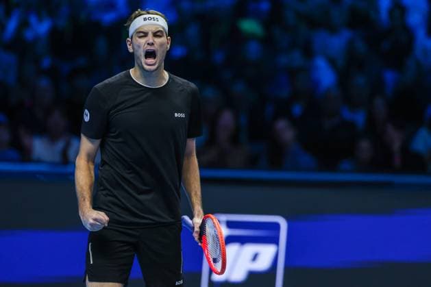 Taylor Fritz of United States vs Alex De Minaur of Australia - Nitto ATP, Tennis Herren FINALS 2024 Turin - 14 11 2024 Taylor Fritz of United States celebrates during Men s Singles Group Stage match against Alex De Minaur of Australia on day five of the Nitto ATP Finals 2024 at Inalpi Arena Copyright: xBEAUTIFULxSPORTS Carabellix