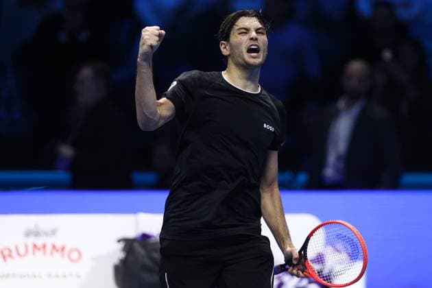 Taylor Fritz vs Alex De Minaur Taylor Fritz of USA celebrates at the end of the Round Robin singles match between Taylor Fritz of USA and Alex De Minaur of Australia on Day five of the Nitto ATP, Tennis Herren World Tour Finals. Torino Inalpi Arena Italy Copyright: xMarcoxCanonierox