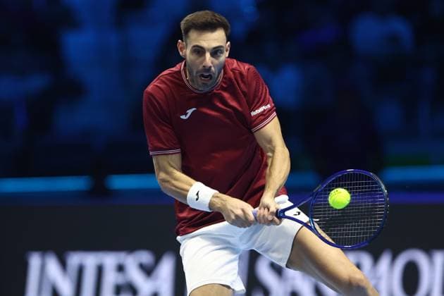 Marcel Granollers (Spain) controls the ball, Day 5, Nitto ATP, Tennis Herren Finals 2024, INALPI Arena, November 14, 2024, Turin, Italy.