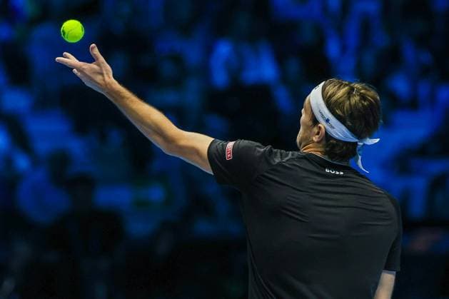November 14, 2024, Turin, Italy: Taylor Fritz of United States seen in actions during Men s Singles Group Stage match against Alex De Minaur of Australia on day five of the Nitto ATP, Tennis Herren Finals 2024 at Inalpi Arena Turin Italy - ZUMAs197 20241114_aaa_s197_119 Copyright: xFabrizioxCarabellix