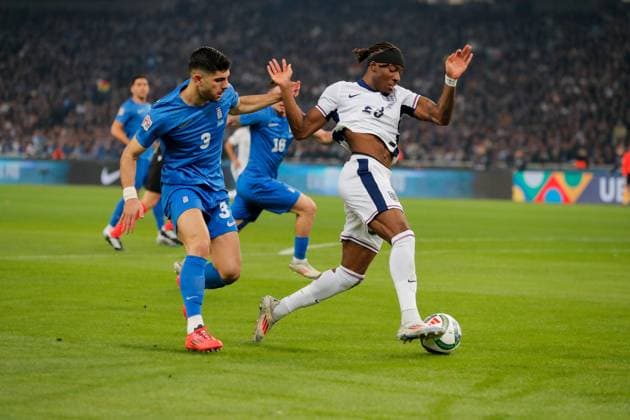 Greece v England UEFA Nations League Konstantinos Koulierakis of Greece and Noni Madueke of England in action during the UEFA Nations League match at Olympic Stadium, Athens UK Newspapers OUT Copyright: xYannisxHalasx FIL-20915-0032