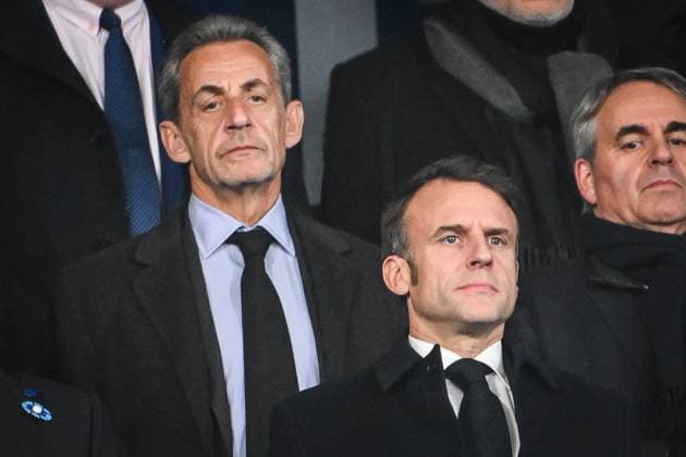 November 14, 2024, Saint-Denis, France, France: French President Emmanuel MACRON and former French President Nicolas SARKOZY during the UEFA Nations League, League A - Group 2 football match between France and Israel at Stade de France on November 14, 2024 in Saint-Denis near Paris, France. Saint-Denis France - ZUMAm308 20241114_zsp_m308_005 Copyright: xMatthieuxMirvillex