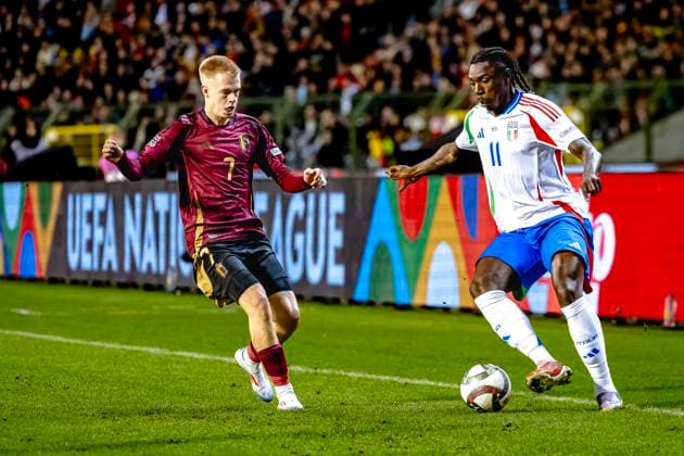 Belgium midfielder Arthur Vermeeren, Italy forwarder Moise Kean, during the match Belgium - Italy at the King Baudouin Stadiu for the UEFA Nations League - League A - Group A2 season 2024-2025 in BRUSSELS, Netherlands on 14 november 2024, (photo by Marcel van Dorst EYE4images DeFodi Images) not used in POL SRB CRO FRA GBR NED ITA USA Defodi-746_200463