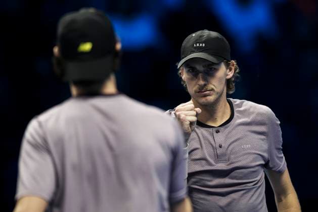 Nitto ATP, Tennis Herren Finals - Day Five Max Purcell (R) and Jordan Thompson of Australia celebrate during the round robin doubles match against Marcel Granollers of Spain and Horacio Zeballos of Argentina during day five of the Nitto ATP Finals. Max Purcell and Jordan Thompson won the match 7-6(14), 6-3. Turin Italy Copyright: xNicolòxCampox