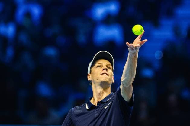 Jannik Sinner Vs Danil Medvedev in Turin, Italy - 14 Nov 2024 Jannik Sinner of Italy plays against Daniil Medvedev of Russia (not in view) on Day five of the Nitto ATP, Tennis Herren World Tour Finals. Jannik Sinner wins 6-3, 6-4 over Daniil Medvedev. Turin Italy Copyright: xMiguelxReisx xSOPAxImagesx ATF Finals2 MR-2014