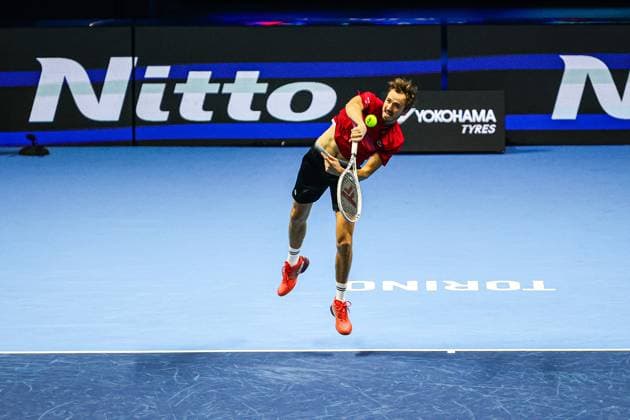 Jannik Sinner Vs Danil Medvedev in Turin, Italy - 14 Nov 2024 Daniil Medvedev of Russia plays against Jannik Sinner of Italy (not in view) on Day five of the Nitto ATP, Tennis Herren World Tour Finals. Jannik Sinner wins 6-3, 6-4 over Daniil Medvedev. Turin Italy Copyright: xMiguelxReisx xSOPAxImagesx ATF Finals2 MR-3224