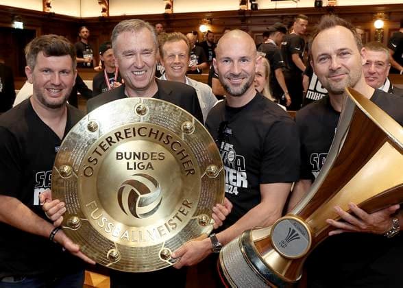 SOCCER - BL, Sturm, end of season party GRAZ,AUSTRIA,20.MAY.24 - SOCCER - ADMIRAL Bundesliga, SK Sturm Graz, end of season party. Image shows sporting director Andreas Schicker, president Christian Jauk, head coach Christian Ilzer, business director Thomas Tebbich (Sturm) and Kurt Hohensinner.  GEPAxpictures xHansxOberlaender