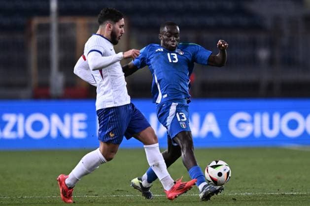 Fußball, U21 Länderspiel, Italien - Frankreich Mp Empoli 15 11 2024 - amichevole Italia-Francia U21, U 21 foto Matteo Papini Image nella foto: Rayan Cherki-Olabode Michael Kayode 