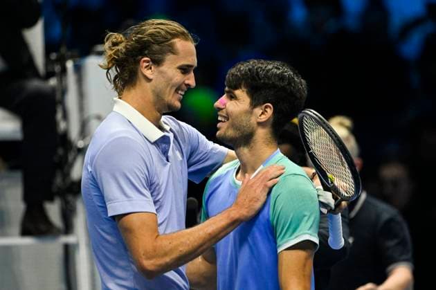 November 15, 2024: Alexander Zverev of Germany in action against Carlos Alcaraz of Spain during their Men s Single s Nitto ATP, Tennis Herren Finals match during day one of the Nitto ATP Finals at Inalpi Arena on November 15, 2024 in Turin, Italy. - ZUMAg210 20241115_abp_g210_124 Copyright: xStefanoxGuidix