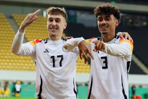 Sport Bilder des Tages Germany, Aachen, 15.11.2024, Tivoli, Germany vs Denmark U21, U 21 - Friendly match, Nathaniel Brown (Germany) celebrates after scoring his teams second goal with Brajan Gruda (Germany) Aachen Tivoli Germany