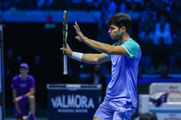November 15, 2024, Turin, Italy: Carlos Alcaraz of Spain gestures during Men s Singles Group Stage match against Alexander Zverev of Germany on six four of the Nitto ATP, Tennis Herren Finals 2024 at Inalpi Arena Turin Italy - ZUMAs197 20241115_aaa_s197_131 Copyright: xFabrizioxCarabellix