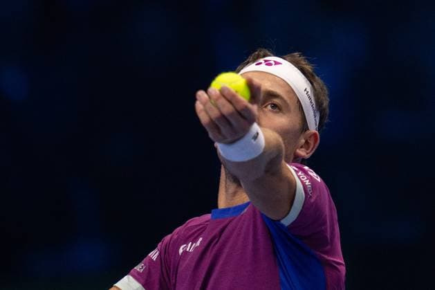 & xa0;Norway s Casper Ruud serves to Russia s Andrey Rublev& xa0;during the singles tennis match of the ATP, Tennis Herren World Tour Finals at the Inalpi Arena in Turin, Italy - - Friday, November 15, 2024.  Copyright: xMarcoxAlpozzi LaPressex