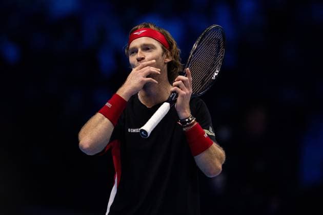 Russia s Andrey Rublev react during the singles tennis match of the ATP, Tennis Herren World Tour Finals against Norway s Casper Ruud at the Inalpi Arena in Turin, Italy - - Friday, November 15, 2024.  Copyright: xMarcoxAlpozzi LaPressex