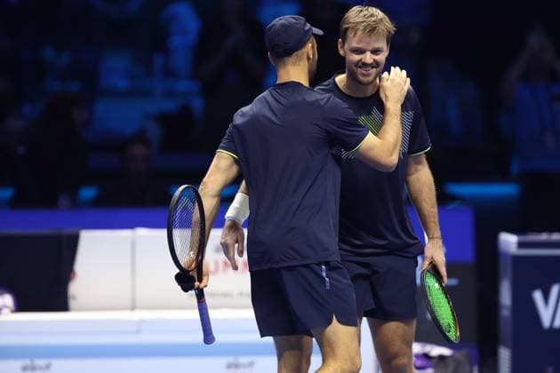 Kevin Krawietz (Germany) und Tim Puetz (Germany) celebrate after winning, Day 7, Nitto ATP, Tennis Herren Finals 2024, INALPI Arena, November 16, 2024, Turin, Italy.