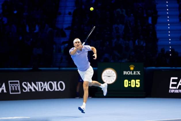 Germany s Alexander Zverev returns the ball to United States Taylor Fritz during& xa0;their singles tennis match of the ATP, Tennis Herren World Tour Finals at the Inalpi Arena, in Turin, Italy - - Saturday, November 16, 2024.  Copyright: xMarcoxAlpozzi LaPressex