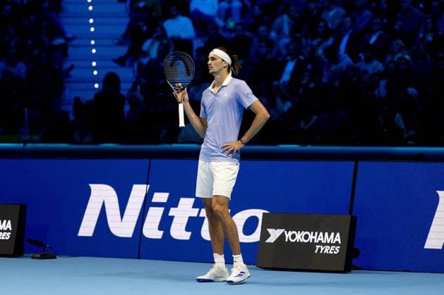 Germany s Alexander Zverev react at video review during the singles tennis match of the ATP, Tennis Herren World Tour Finals against United States Taylor Fritz at the Inalpi Arena in Turin, Italy - - Saturday, November 16, 2024.  Copyright: xMarcoxAlpozzi LaPressex