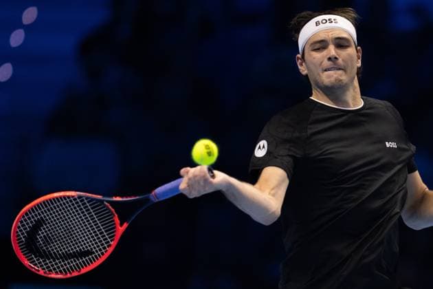 Russia s Andrey Rublev& xa0;serves to Norway s Casper Ruud during the singles tennis match of the ATP, Tennis Herren World Tour Finals at the Inalpi Arena in Turin, Italy - - Friday, November 15, 2024.  Copyright: xMarcoxAlpozzi LaPressex
