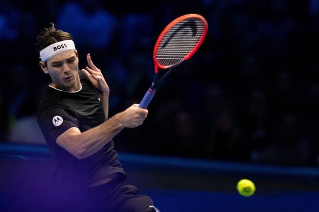 United States Taylor Fritz returns the ball to Germany s Alexander Zverev during& xa0;their singles tennis match of the ATP, Tennis Herren World Tour Finals at the Inalpi Arena, in Turin, Italy - - Saturday, November 16, 2024.  Copyright: xMarcoxAlpozzi LaPressex