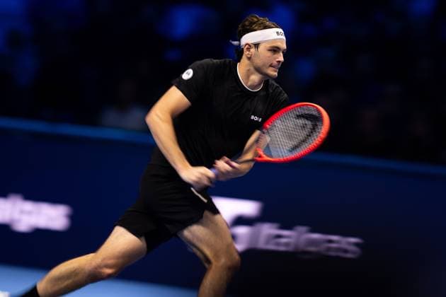 United States Taylor Fritz returns the ball to Germany s Alexander Zverev during& xa0;their singles tennis match of the ATP, Tennis Herren World Tour Finals at the Inalpi Arena, in Turin, Italy - - Saturday, November 16, 2024.  Copyright: xMarcoxAlpozzi LaPressex