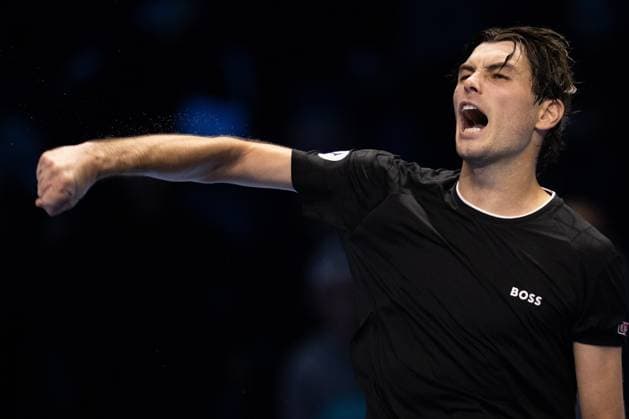 United StatesÕ Taylor Fritz react after wining the singles tennis match of the ATP, Tennis Herren World Tour Finals against Germany s Alexander Zverev at the Inalpi Arena in Turin, Italy - - Saturday, November 16, 2024.  Copyright: xMarcoxAlpozzi LaPressex