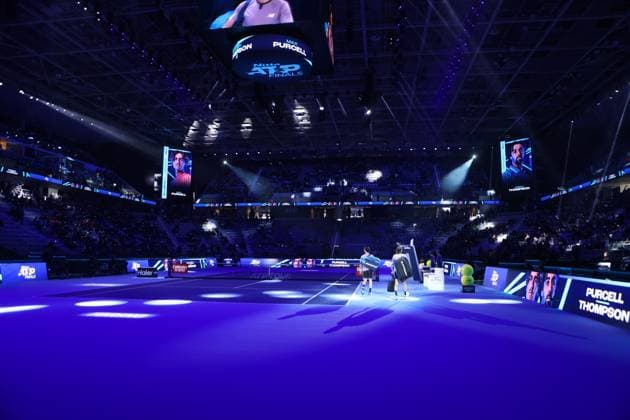Krawietz Puetz vs Purcell Thompson General view of Inalpi Arena during the semi-final doubles match between Kevin Krawietz of Germany and Tim Puetz of Germany against Max Purcell of Australia and Jordan Thompson of Australia on Day seven of the Nitto ATP, Tennis Herren World Tour Finals. Turin Inalpi Arena Italy Copyright: xMarcoxCanonierox