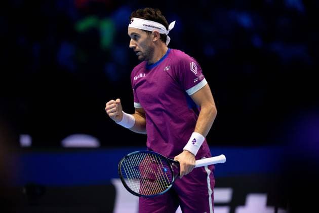 Norway s Casper Ruud react during the singles tennis match of the ATP, Tennis Herren World Tour Finals against Italy s Jannik Sinner at the Inalpi Arena in Turin, Italy - - Saturday, November 16, 2024.  Copyright: xMarcoxAlpozzi LaPressex