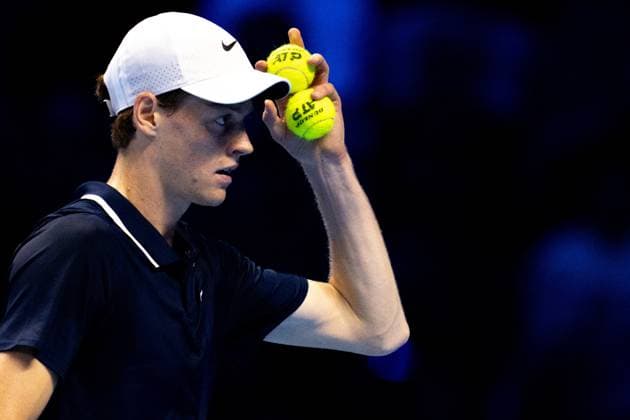 Italy s Jannik Sinner react during the singles tennis match of the ATP, Tennis Herren World Tour Finals against Norway s Casper Ruud at the Inalpi Arena in Turin, Italy - - Saturday, November 16, 2024.  Copyright: xMarcoxAlpozzi LaPressex