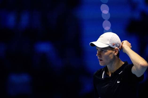 Italy s Jannik Sinner react during the singles tennis match of the ATP, Tennis Herren World Tour Finals against Norway s Casper Ruud at the Inalpi Arena in Turin, Italy - - Saturday, November 16, 2024.  Copyright: xMarcoxAlpozzi LaPressex