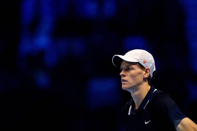 Italy s Jannik Sinner react during the singles tennis match of the ATP, Tennis Herren World Tour Finals against Norway s Casper Ruud at the Inalpi Arena in Turin, Italy - - Saturday, November 16, 2024.  Copyright: xMarcoxAlpozzi LaPressex