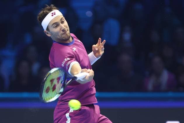 Casper Ruud (Norway) controls the ball, Day 7, Nitto ATP, Tennis Herren Finals 2024, INALPI Arena, November 16, 2024, Turin, Italy.