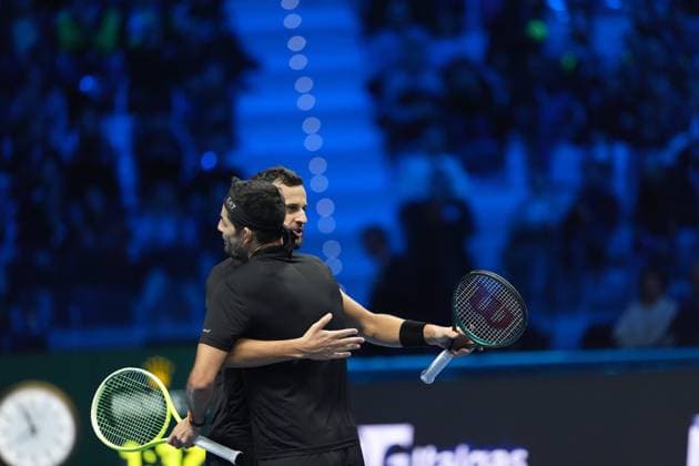 (241117) -- TURIN, Nov. 17, 2024 -- Marcelo Arevalo (L) of El Salvador and Mate Pavic of Croatia celebrate at the end of the men s doubles semifinal match against Henry Patten of Britain and Harri Heliovaara of Finland at the Nitto ATP, Tennis Herren Finals in Turin, Italy, on Nov. 16, 2024. ) (SP)ITALY-TURIN-TENNIS-NITTO ATP FINALS-SEMIFINAL-MEN S DOUBLES LixJing 