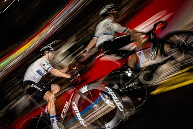 KLUGE Roger, REINHARDT Theo: Lotto Zesdaagse Vlaanderen - Gent 2024 KLUGE Roger - REINHARDT Theo ( GER ) Schneider Electric Germany - Querformat - quer - horizontal - Landscape - Event Veranstaltung: Lotto Zesdaagse Vlaanderen Gent 2024 - Category Kategorie: Cycling - Track cycling, Rad, Radsport, Bahnrad, Bahn Sixdays - Elite Men - Location Ort: Europe Belgium - Gent - Citadelpark - tÂ Kuipke - Discipline: Madison - Distance: ... m - Date Datum: 16.11.2024 Saturday Day 6 -