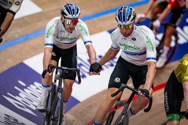 KLUGE Roger, REINHARDT Theo: Lotto Zesdaagse Vlaanderen - Gent 2024 KLUGE Roger - REINHARDT Theo ( GER ) Schneider Electric Germany - Querformat - quer - horizontal - Landscape - Event Veranstaltung: Lotto Zesdaagse Vlaanderen Gent 2024 - Category Kategorie: Cycling - Track cycling, Rad, Radsport, Bahnrad, Bahn Sixdays - Elite Men - Location Ort: Europe Belgium - Gent - Citadelpark - tÂ Kuipke - Discipline: Madison - Distance: ... m - Date Datum: 16.11.2024 Saturday Day 6 -