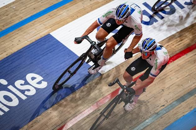 KLUGE Roger, REINHARDT Theo: Lotto Zesdaagse Vlaanderen - Gent 2024 KLUGE Roger - REINHARDT Theo ( GER ) Schneider Electric Germany - Querformat - quer - horizontal - Landscape - Event Veranstaltung: Lotto Zesdaagse Vlaanderen Gent 2024 - Category Kategorie: Cycling - Track cycling, Rad, Radsport, Bahnrad, Bahn Sixdays - Elite Men - Location Ort: Europe Belgium - Gent - Citadelpark - tÂ Kuipke - Discipline: Madison - Distance: ... m - Date Datum: 16.11.2024 Saturday Day 6 -