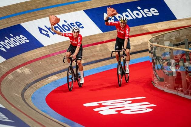 KESSLER Bruno, BOOS Benjamin: Lotto Zesdaagse Vlaanderen - Gent 2024 KESSLER Bruno - BOOS Benjamin ( GER ) Team 10 Germany - Award Ceremony - Medal Ceremony - Podium - Winner - Madison Race - Querformat - quer - horizontal - Landscape - Event Veranstaltung: Lotto Zesdaagse Vlaanderen Gent 2024 - Category Kategorie: Cycling - Track cycling, Rad, Radsport, Bahnrad, Bahn Sixdays - Elite Men U23 - Beloften - Location Ort: Europe Belgium - Gent - Citadelpark - tÂ Kuipke - Discipline: Madison - Distance: ... m - Date Datum: 16.11.2024 Saturday Day 7 -