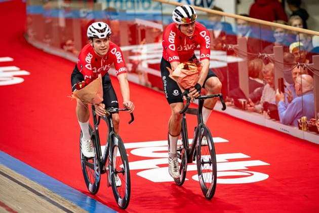 KESSLER Bruno, BOOS Benjamin: Lotto Zesdaagse Vlaanderen - Gent 2024 KESSLER Bruno - BOOS Benjamin ( GER ) Team 10 Germany - Award Ceremony - Medal Ceremony - Podium - Winner - Madison Race - Querformat - quer - horizontal - Landscape - Event Veranstaltung: Lotto Zesdaagse Vlaanderen Gent 2024 - Category Kategorie: Cycling - Track cycling, Rad, Radsport, Bahnrad, Bahn Sixdays - Elite Men U23 - Beloften - Location Ort: Europe Belgium - Gent - Citadelpark - tÂ Kuipke - Discipline: Madison - Distance: ... m - Date Datum: 16.11.2024 Saturday Day 7 -