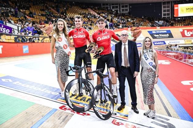 German Bruno Kessler and German Benjamin Boos celebrate after winning the U23 at the sixth and last day of the Zesdaagse Vlaanderen-Gent six-day indoor Track cycling, Rad, Radsport, Bahnrad, Bahn event at the indoor cycling arena t Kuipke, Sunday 17 November 2024, in Gent. TOM GOYVAERTS TomxGoyvaerts  x105611422x