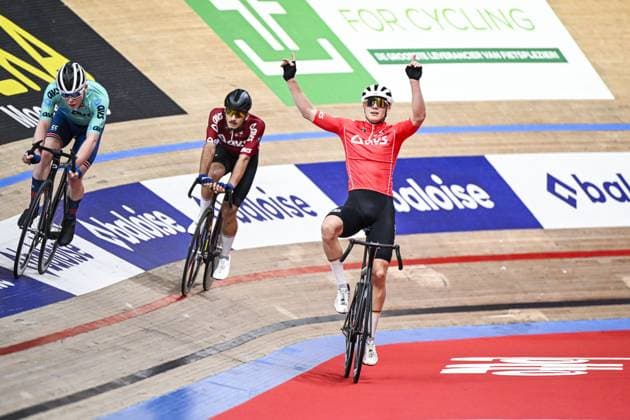 German Benjamin Boos celebrates after winning the U23 at the sixth and last day of the Zesdaagse Vlaanderen-Gent six-day indoor Track cycling, Rad, Radsport, Bahnrad, Bahn event at the indoor cycling arena t Kuipke, Sunday 17 November 2024, in Gent. TOM GOYVAERTS TomxGoyvaerts  x105611863x