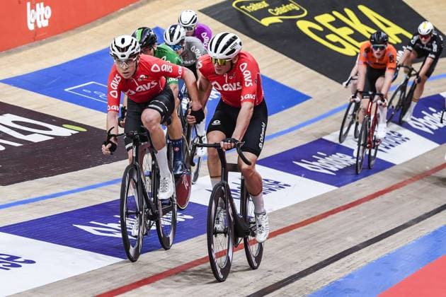 German Bruno Kessler and German Benjamin Boos pictured in action during the sixth and last day of the Zesdaagse Vlaanderen-Gent six-day indoor Track cycling, Rad, Radsport, Bahnrad, Bahn event at the indoor cycling arena t Kuipke, Sunday 17 November 2024, in Gent.  x105612126x