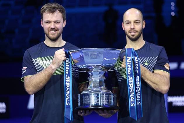 Kevin Krawietz (Germany) und Tim Puetz (Germany) celebrate after winning, Day 8, Nitto ATP, Tennis Herren Finals 2024, INALPI Arena, November 17, 2024, Turin, Italy.