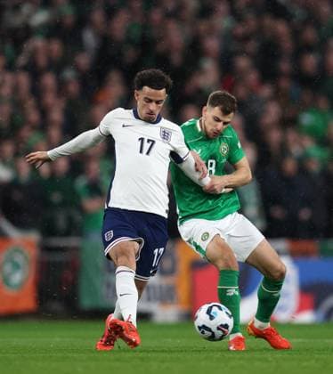 Curtis Jones of England with Jayson Molumby of Republic of Ireland England v Rep. of Ireland - UEFA Nations League - League B - Group 2. Football. Wembey Stadium, London. UK. 17 NOV 2024 Editorial use only  Copyright: xJASONPIX Shutterstockx 14915934c