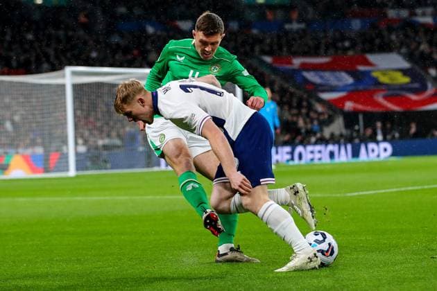 UEFA Nations League Group B2, Wembley Stadium, London, England 17 11 2024 England vs Republic of Ireland England s Lewis Hall and Ireland s Dara O Shea Lewis Hall and Dara O Shea 17 11 2024  Copyright: x INPHO RyanxByrnex RB2_2632