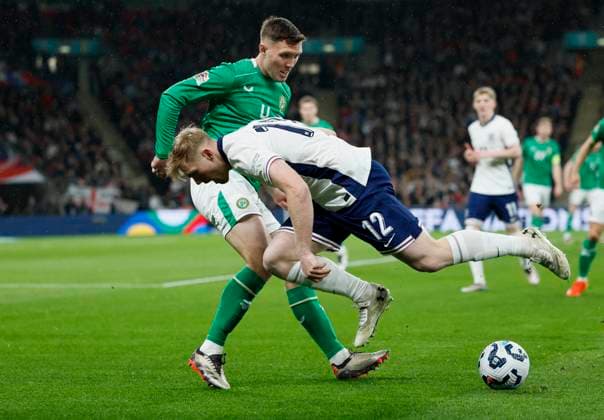 England v Republic of Ireland - UEFA Nations League 2024 25 League B Group B2 Dara O Shea of Republic of Ireland and Lewis Hall of England challenge during the UEFA Nations League 2024 25 League B Group B2 match between England and Republic of Ireland at Wembley Stadium on November 17, 2024 in London, England. London Wembley Stadium England United Kingdom Copyright: xRichardxSellers Sportsphoto APLx 14052430