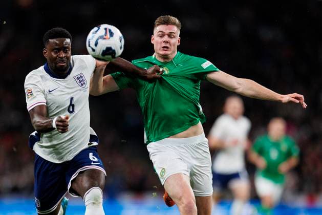 England v Republic of Ireland Marc GuÃ hi of England and Evan Ferguson of Republic of Ireland battle for the ball during the England v Republic of Ireland UEFA Nations League Round 1 Group F match at Wembley Stadium, London, England, United Kingdom on 17 November 2024 Editorial use only. All images are copyright Every Second Media Limited. No images may be reproduced without prior permission. Copyright: xIMAGO EveryxSecondxMediax ESM-1219-0012