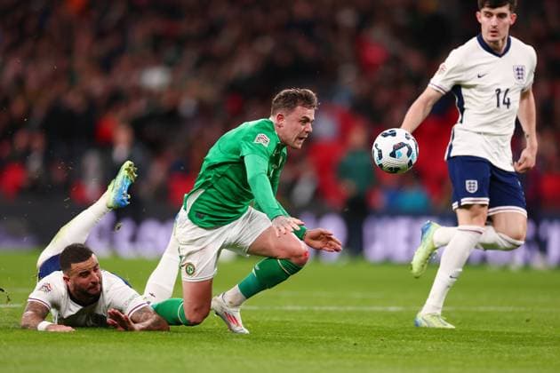 17th November 2024; Wembley Stadium, London, England; Nations League, League B, Group 2 International Football, England versus Republic of Ireland; Sammie Szmodics of Republic of Ireland appeals for a penalty after a challenge by Kyle Walker of England  ActionPlus12716748 ShaunxBrooks