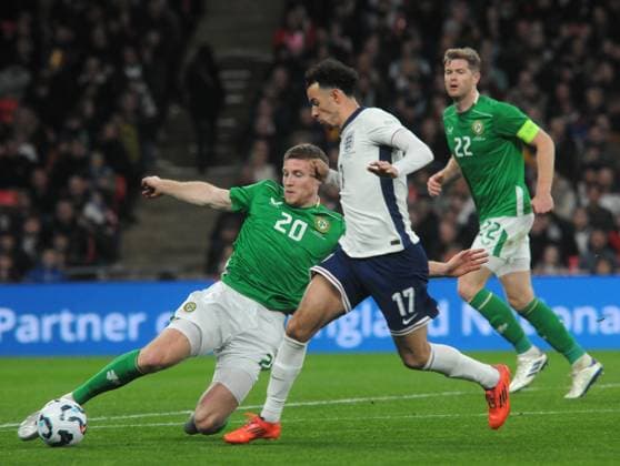 Football - 2025 UEFA Nations League - League Phase League Group 2 - Group F - Matchday six of six - England vs Republic of Ireland - Wembley Stadium - Sunday 17th November 2024. Curtis Jones of England and Mark McGuinness COLORSPORT Andrew Cowie 